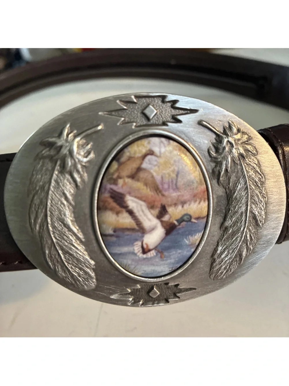Vtg Leather Belt Julie Zsupnik Porcelain mallard ducks Belt Buckle 33W 1.5width